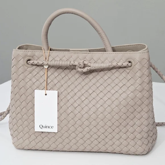 NWT QUINCE LARGE ITALIAN LEATHER HANDWOVEN SATCHEL TOTE BAG IN TAUPE - Picture 8 of 15